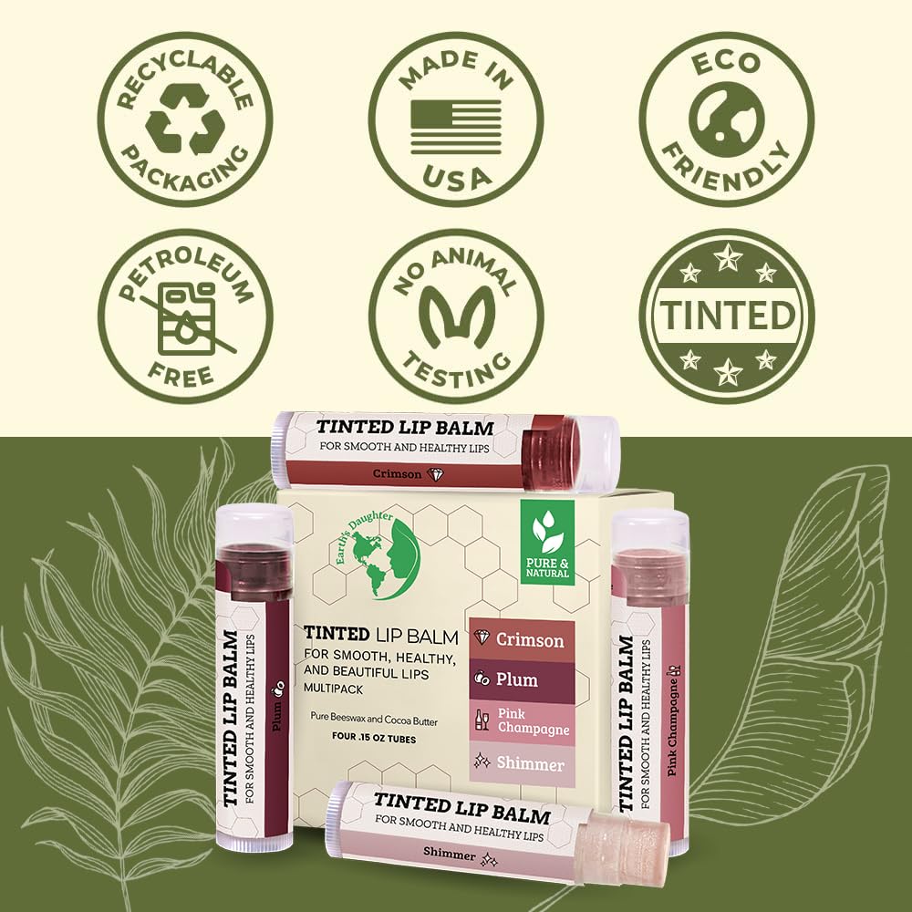Earth’s Daughter Tinted Lip Balm Made With Organic Beeswax and Coconut Oil (4-pack)