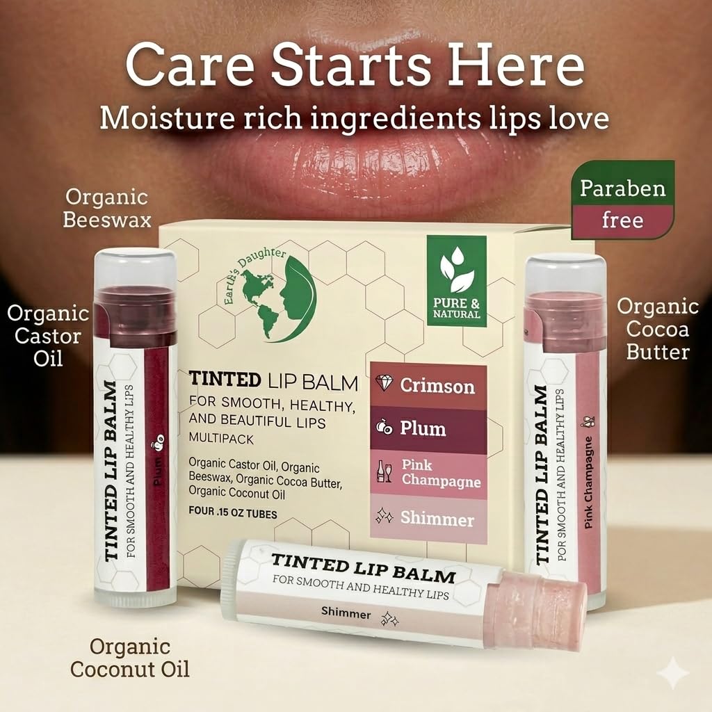 Earth’s Daughter Tinted Lip Balm Made With Organic Beeswax and Coconut Oil (4-pack)